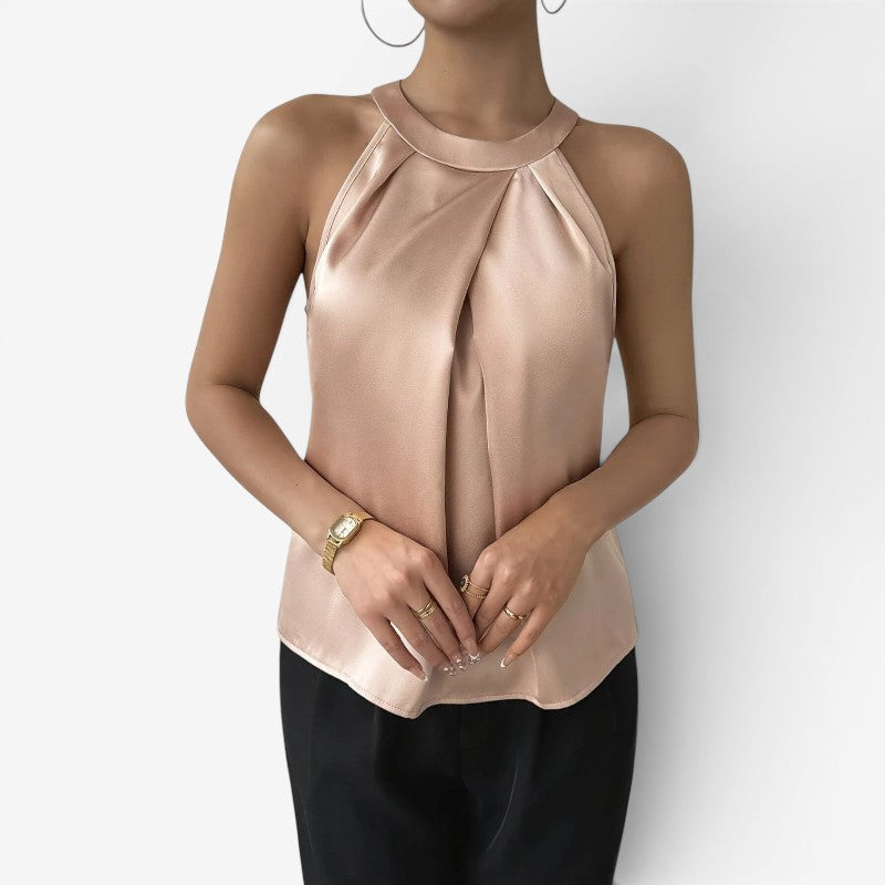 Women's Sleeveless Satin Draped Pleated Blouse