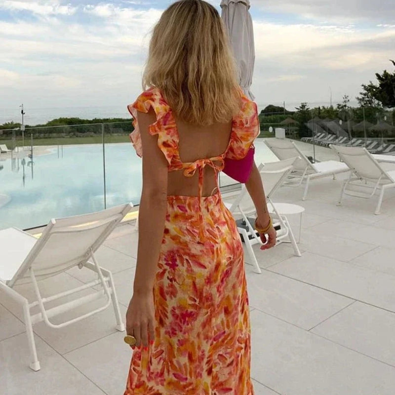 Women's Ruffled V-Neck Long Dress