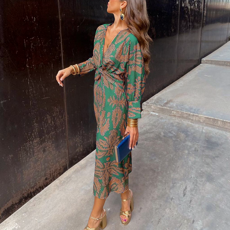 Women's Floral V-Neck Long Sleeve Dress