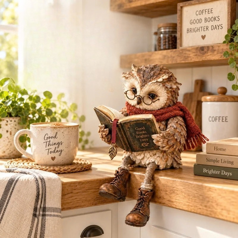 Owlfolio - Bagoly figura könyvvel lakásdekorációhoz