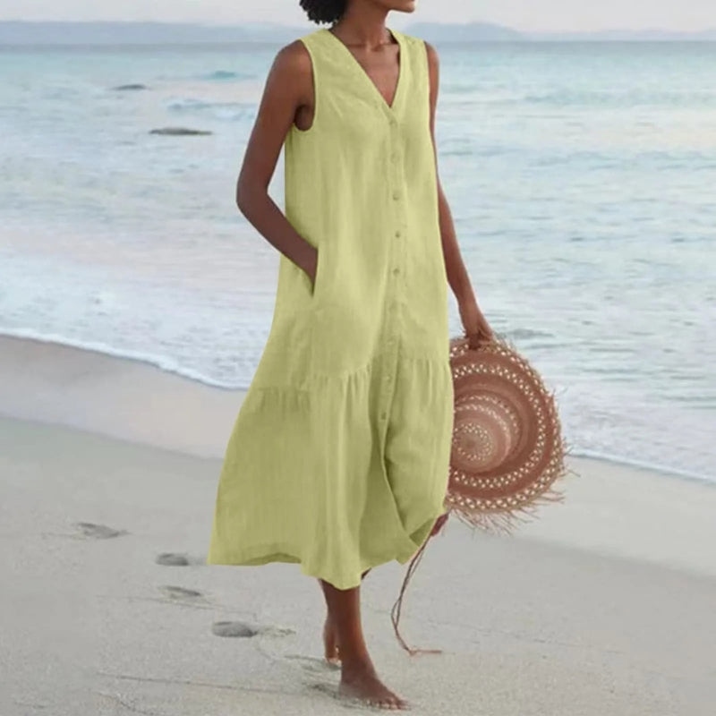 V-Neck Button Sleeveless Mini Dress