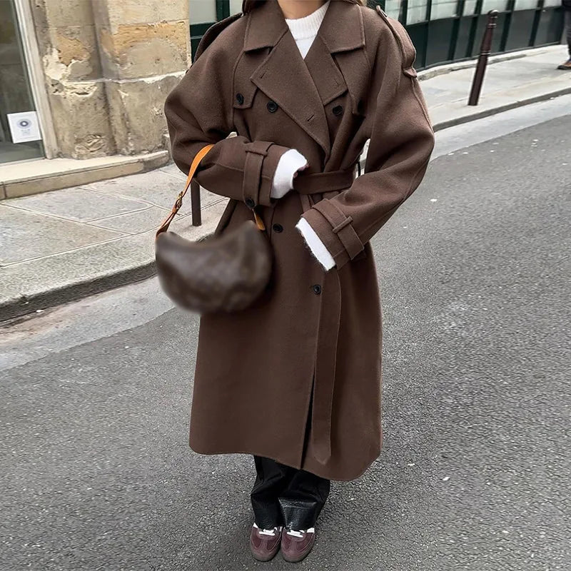 Belted Double Button Long Coat