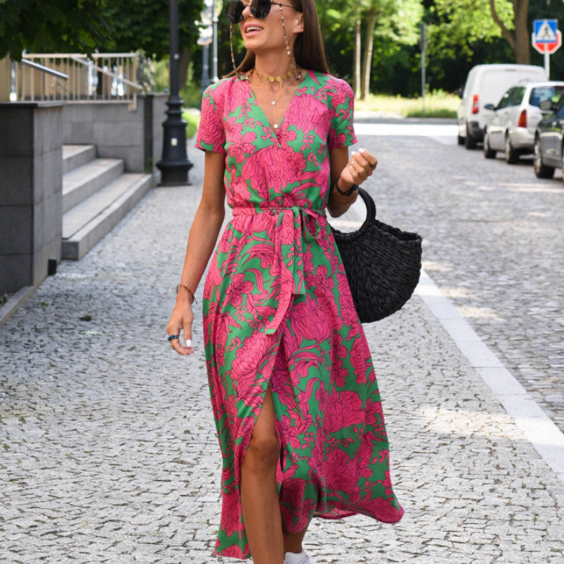 Women's V-Neck Belted Midi Dress