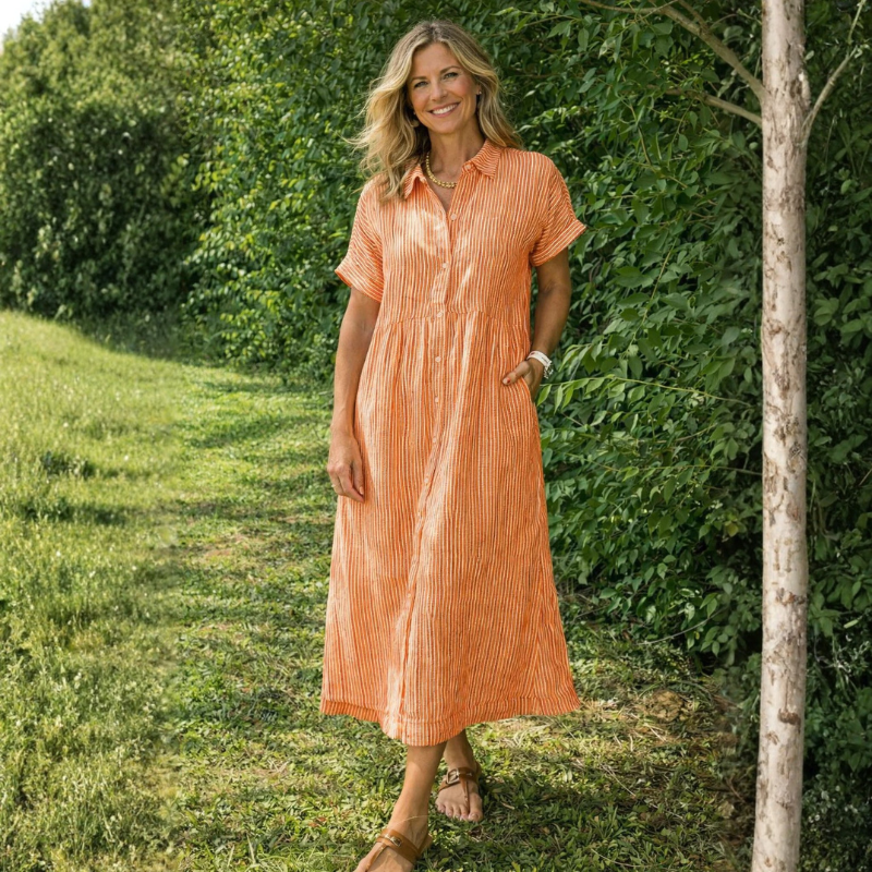 Women's Classic Striped Midi Shirt Dress with Button Front
