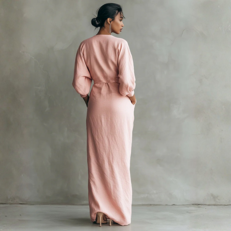 Women's Elegant V Neck Maxi Dress with Wrap Waist