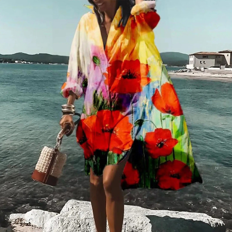 Women's Printed V Neck Long Sleeve Dress