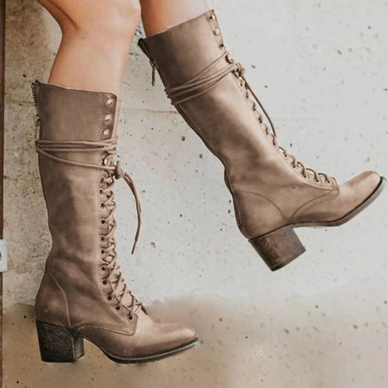 Women’s Knee-High Lace-Up Block Heel Boots