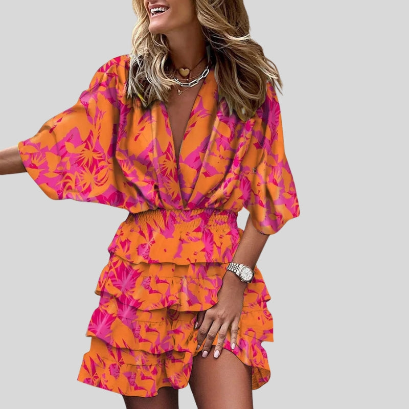 Women’s V-Neck Ruffle Bohemian Mini Dress