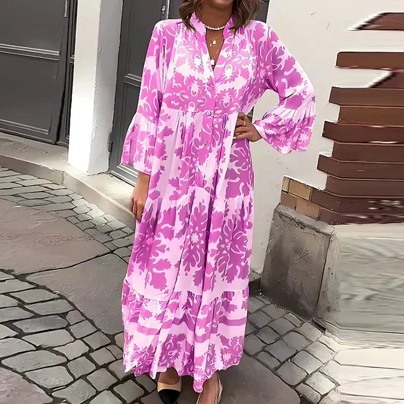 Women's Printed Midi Dress with V-Neck and Long Sleeves