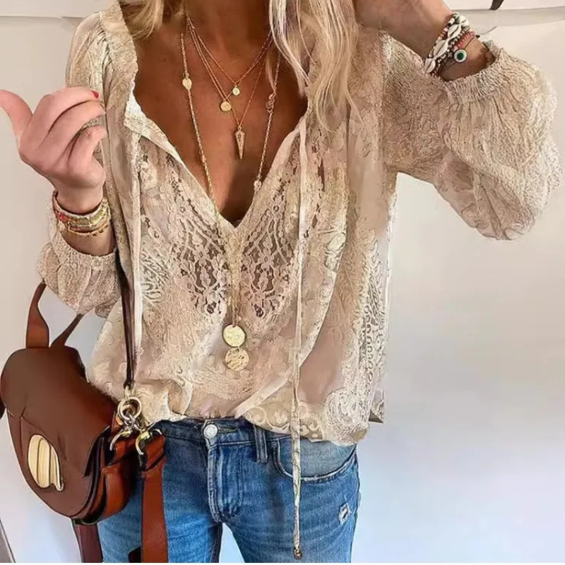 Women's Bohemian V Neck Lace Blouse with Long Sleeves