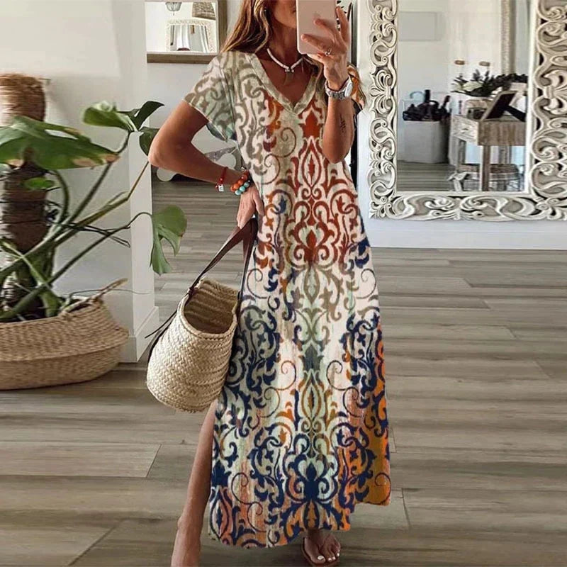 Women’s Long Printed Round Neck Dress