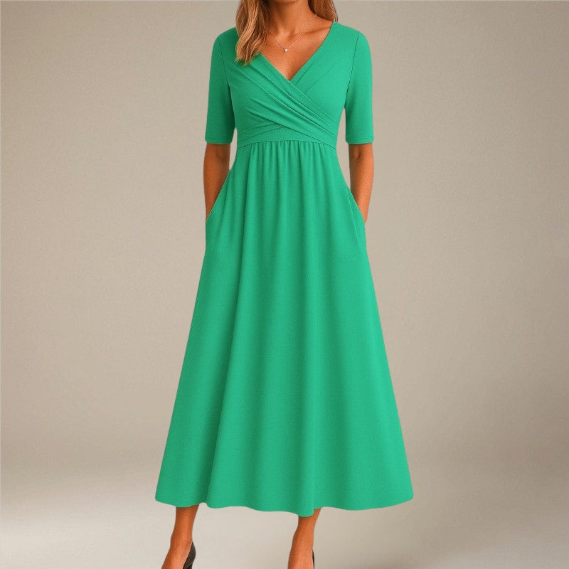 Women’s V-Neck Midi Dress with Side Pockets