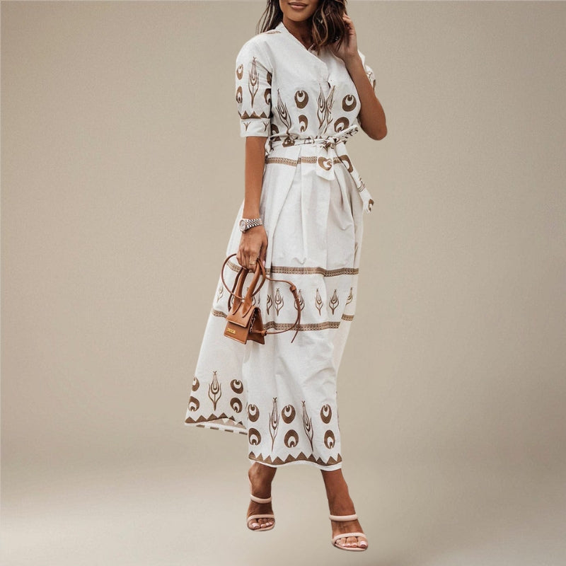 Women’s Long Sleeve Belted Printed Midi Dress