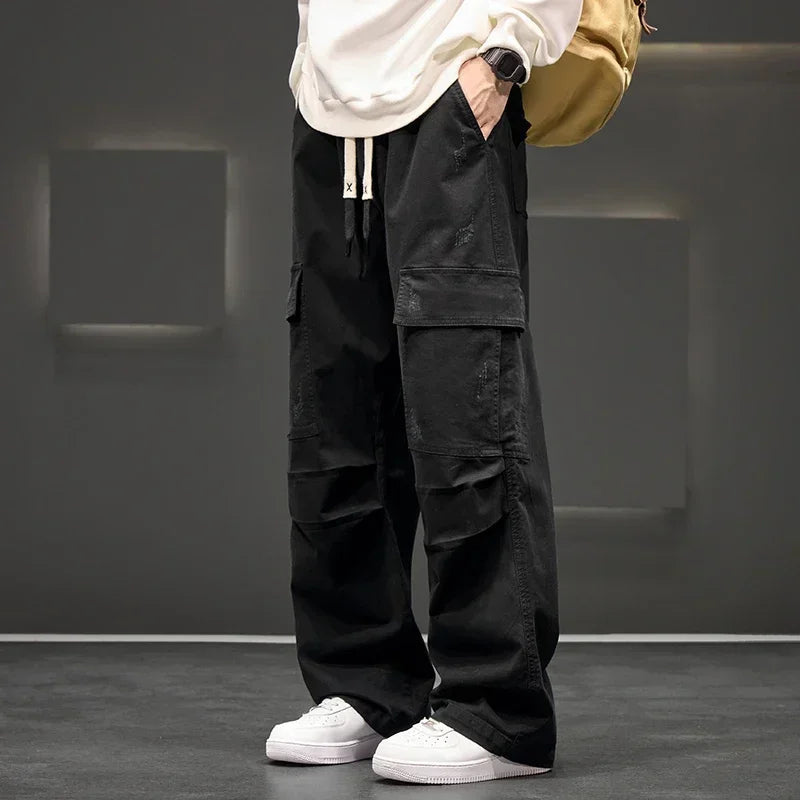 Men's Wide Leg Cargo Pants with Drawstring Waist and Pockets
