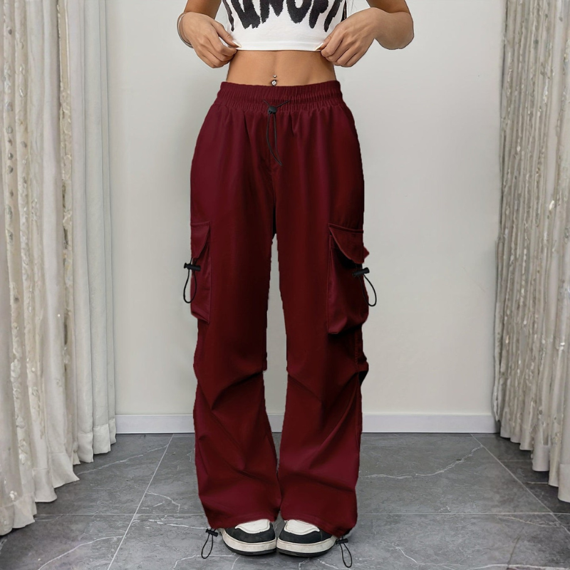 Women's Wide Leg Trousers with Elastic Drawstring Waist and Side Pockets