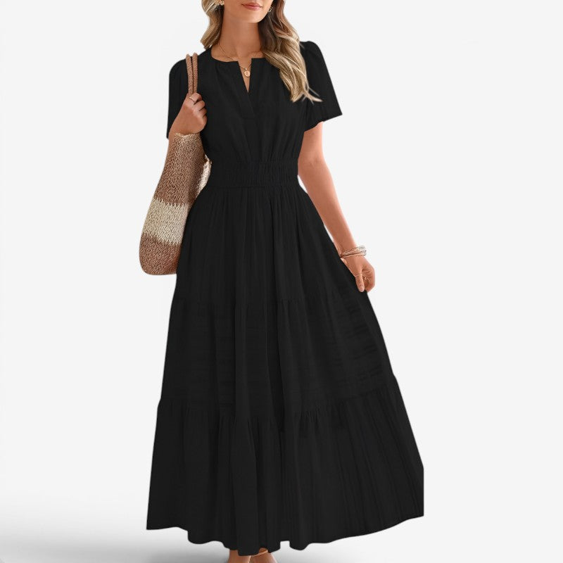 Women's Wrap Waist Midi Dress with Short Sleeves
