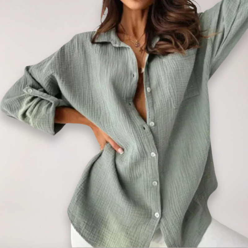 Women's Long Sleeve Button Blouse with Turn Down Collar