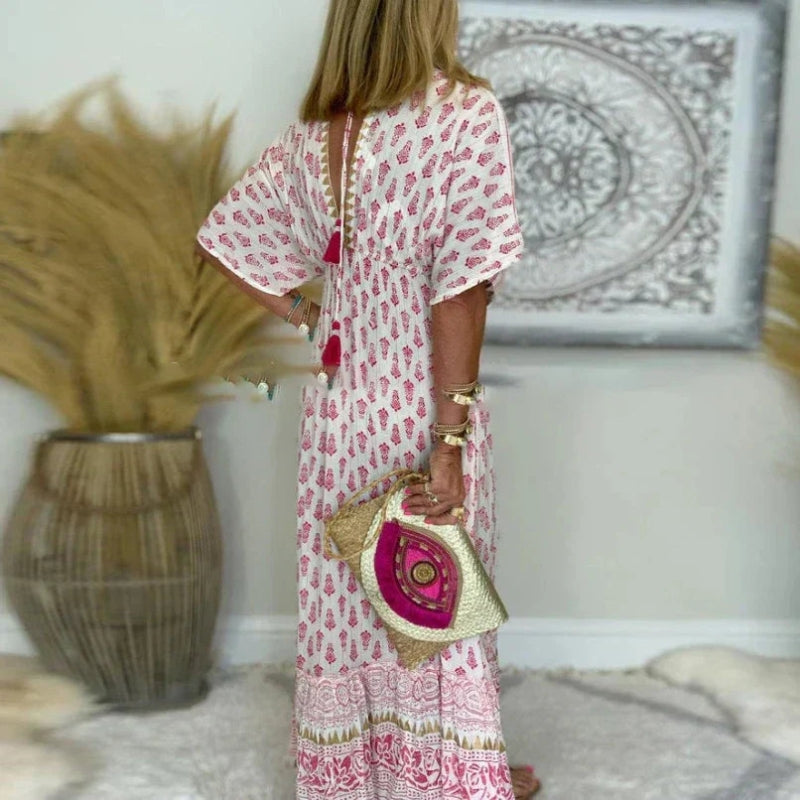 Women's V-Neck Maxi Dress with Tassel Detail