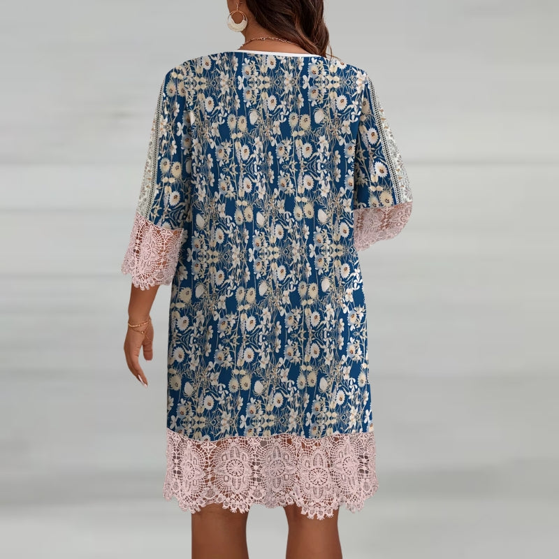 Women's Printed Midi Dress with V-Neck and Long Sleeves