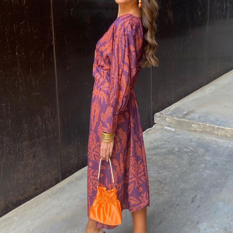 V-Neck Long Sleeve Floral Dress