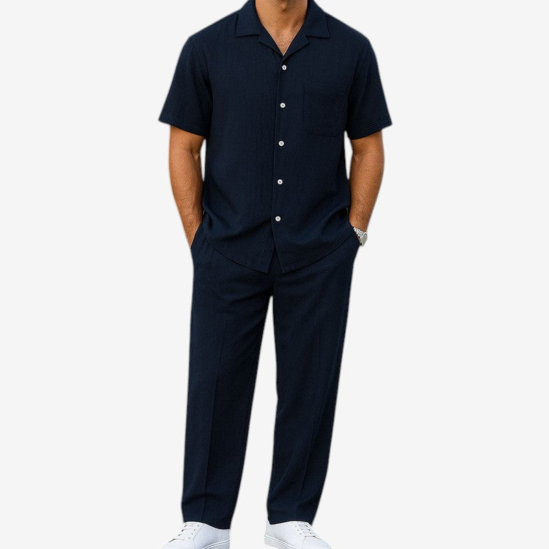 Men's Relaxed Two Piece Set with Buttoned Shirt and Wide Leg Trousers