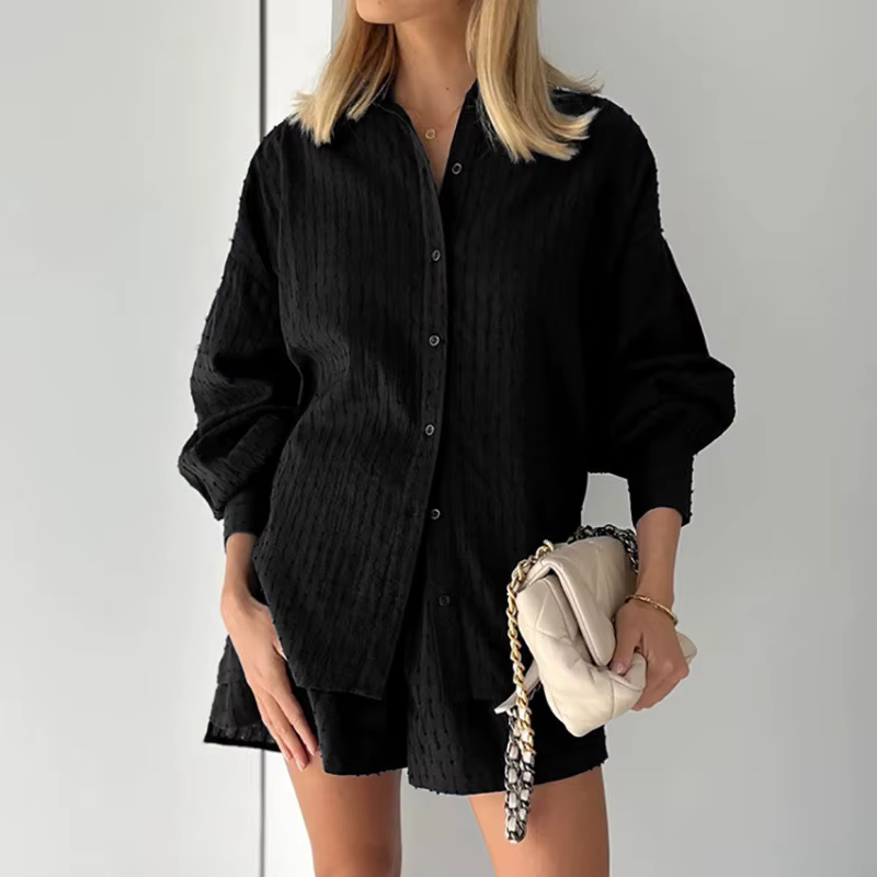 Women's Puff Sleeve Button-Up Shirt and High Waist Shorts Set