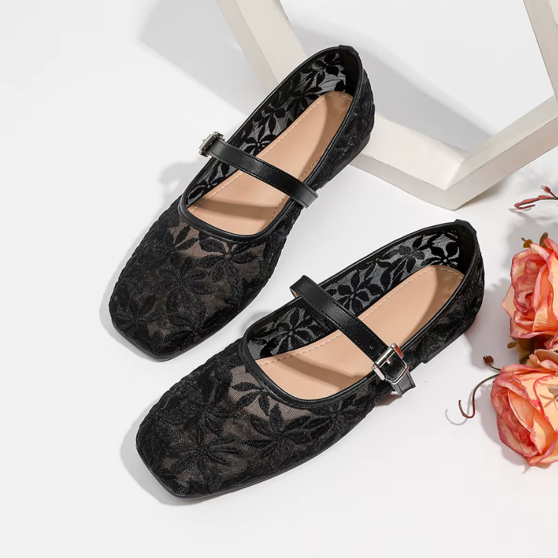 Square-Toe Ballerina Flats with Embroidered Flowers