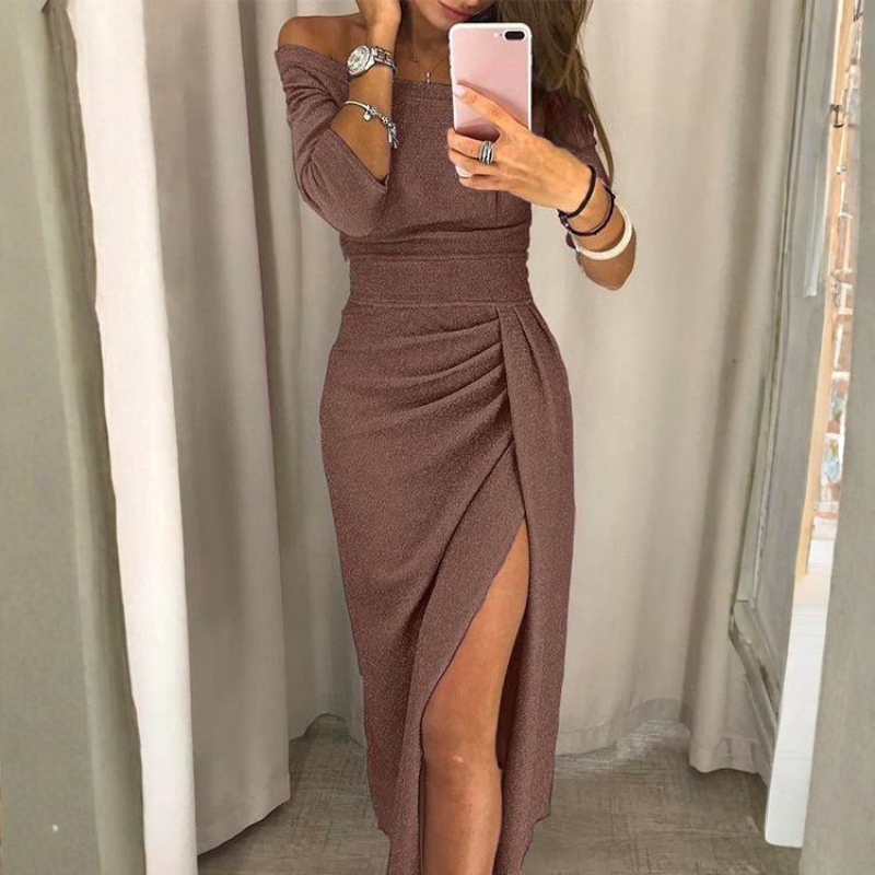 Off-Shoulder Slit Long Sleeve Midi Dress