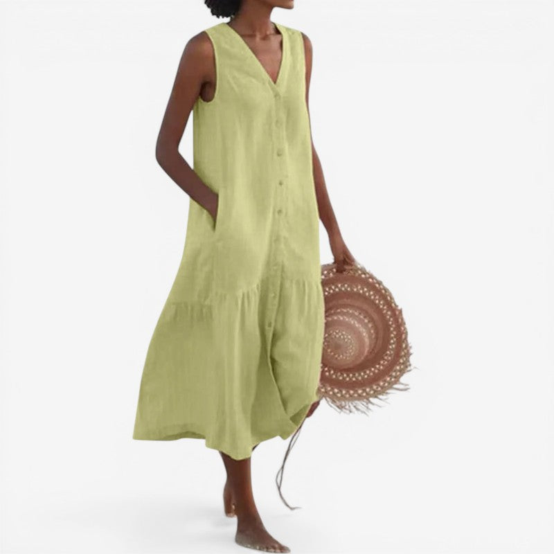 V-Neck Button Sleeveless Mini Dress
