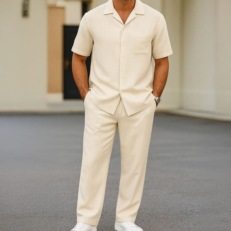 Men's Relaxed Two Piece Set with Buttoned Shirt and Wide Leg Trousers