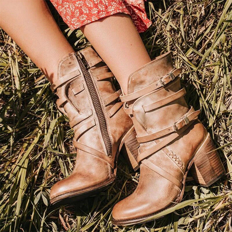 Women's Ankle Boots with Double Buckle Straps