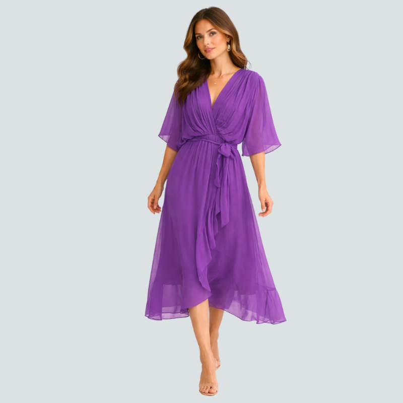 Elegant Midi Dress with V-Neck and Batwing Sleeves