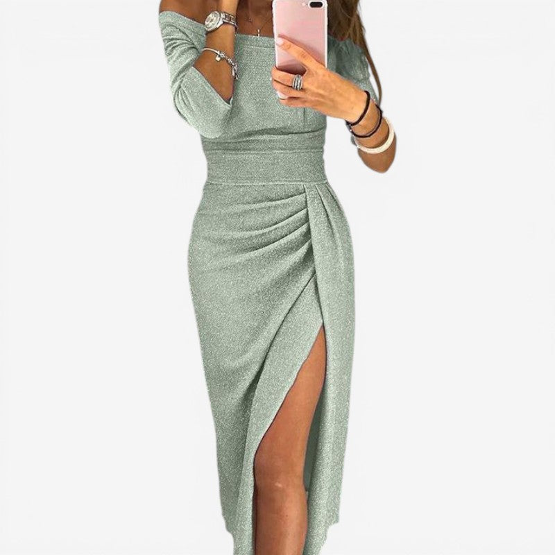 Off-Shoulder Slit Long Sleeve Midi Dress