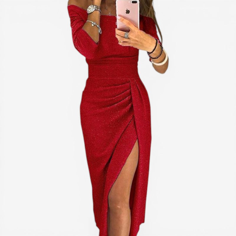 Off-Shoulder Slit Long Sleeve Midi Dress
