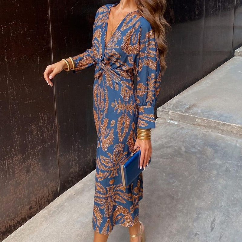 V-Neck Long Sleeve Floral Dress