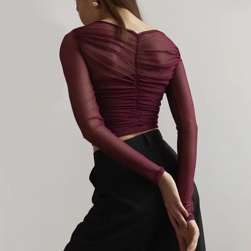 Long-Sleeved Crossover Collar Crop Top
