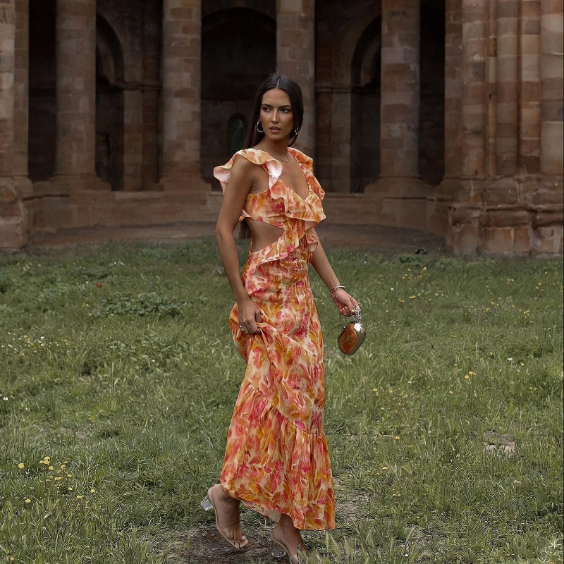 Women's Ruffled V-Neck Long Dress