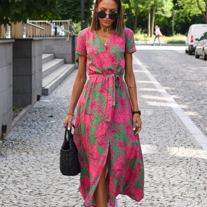 Women's V-Neck Belted Midi Dress