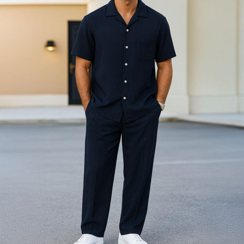 Men's Relaxed Two Piece Set with Buttoned Shirt and Wide Leg Trousers