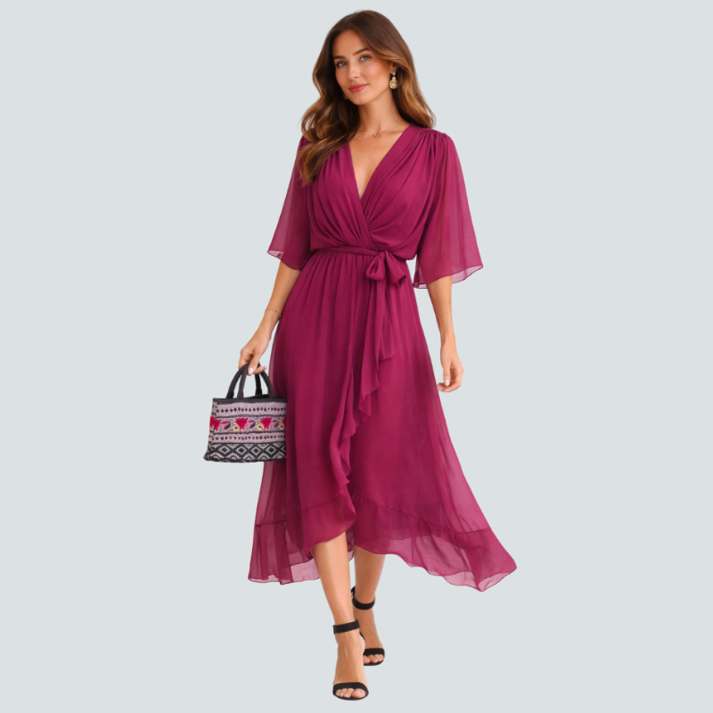 Elegant Midi Dress with V-Neck and Batwing Sleeves