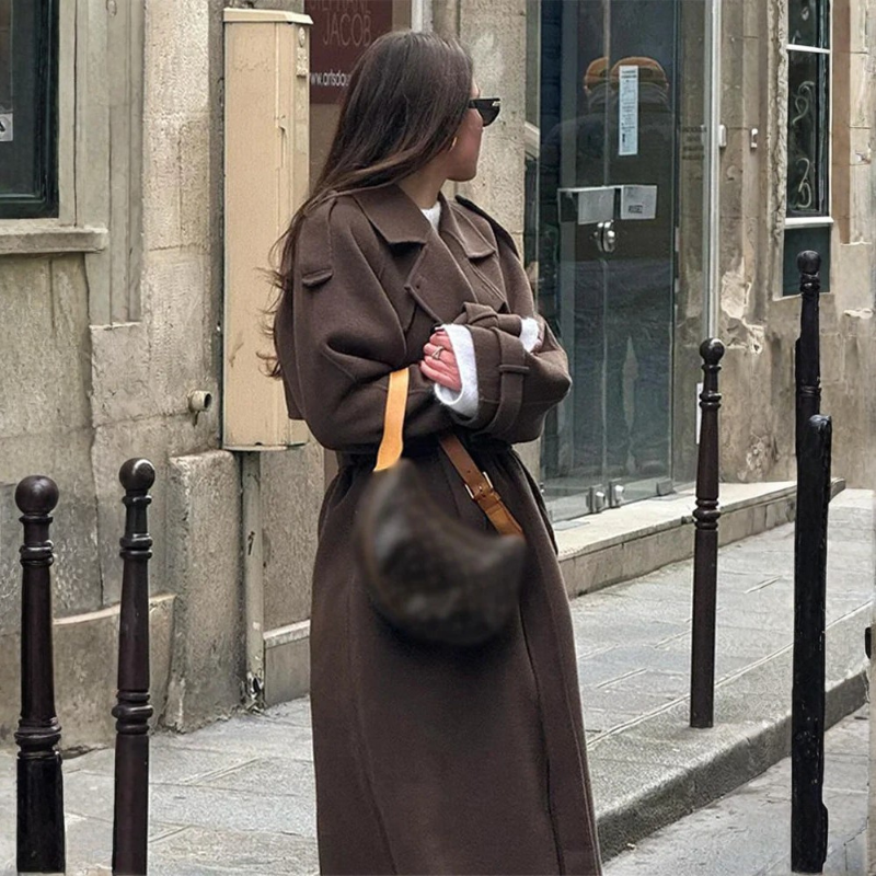 Belted Double Button Long Coat