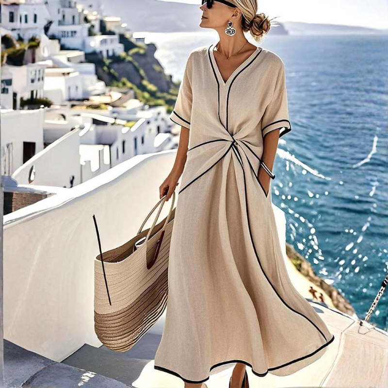 Elegant Women's V Neck Twist Front Maxi Dress