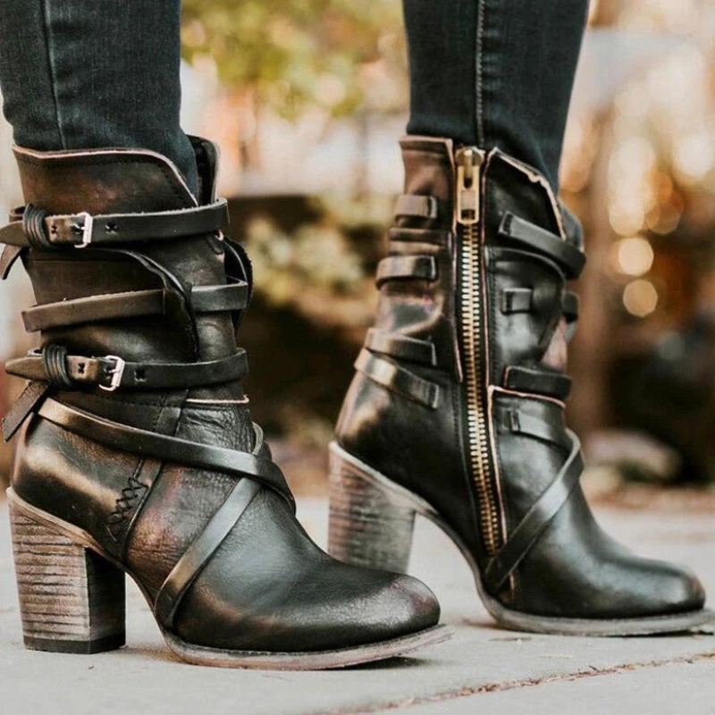 Women's Ankle Boots with Double Buckle Straps