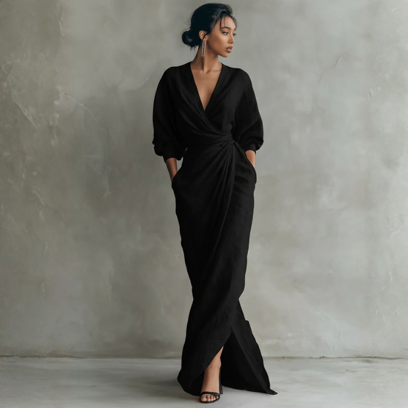 Women's Elegant V Neck Maxi Dress with Wrap Waist
