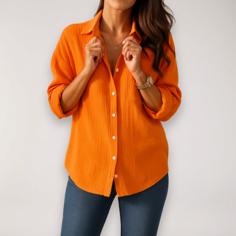 Women's Long Sleeve Button Blouse with Turn Down Collar