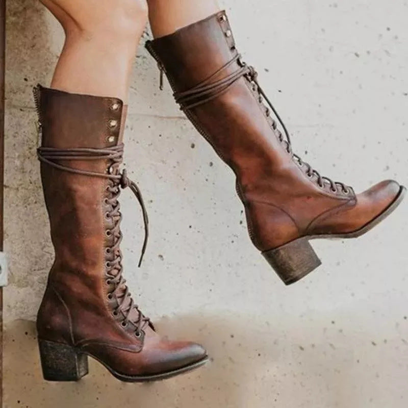 Women’s Knee-High Lace-Up Block Heel Boots