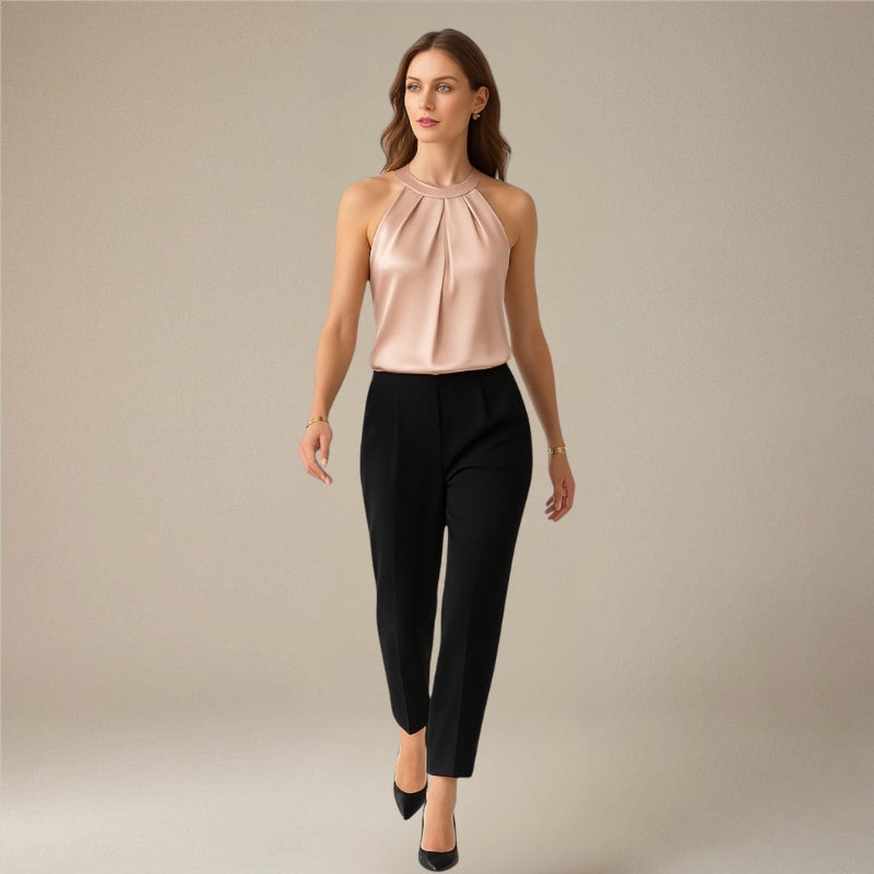 Women's Sleeveless Satin Draped Pleated Blouse