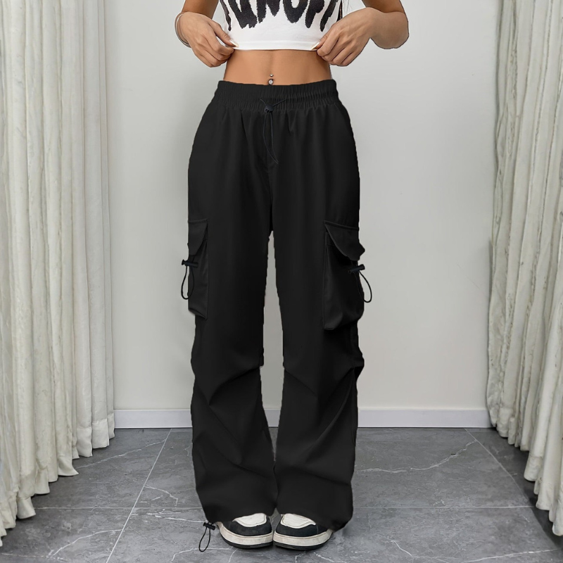 Women's Wide Leg Trousers with Elastic Drawstring Waist and Side Pockets
