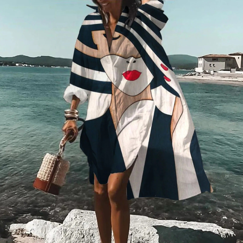 Women's Printed V Neck Long Sleeve Dress