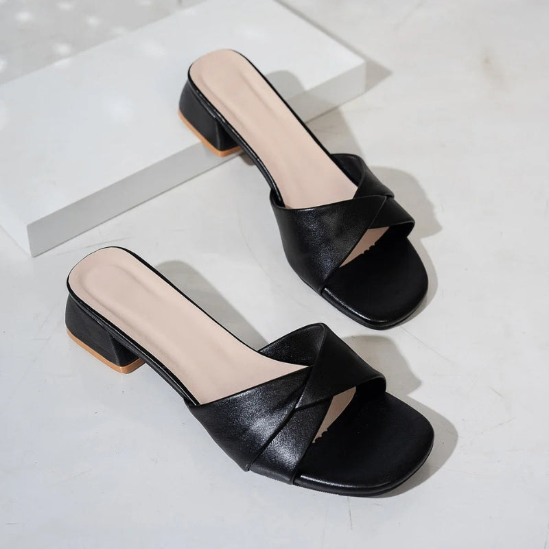 Women's Square Heel Open Toe Sandals with Smooth Finish
